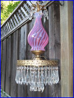 Fenton Cranberry brass Glass Crystal 11/'foot SWAG plugin Lamp Chandelier Vintage