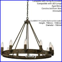 12 Light Ceiling Pendant Distressed/Aged Metal Candle RingHanging Feature Lamp