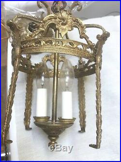 12 in Vintage Lg Brass & Glass French Hanging Hall Lantern Ceiling Light or Lamp