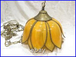 14 Retro Vintage Tulip Flower Petal Hanging Swag Lamp Faux Stained Glass Yellow