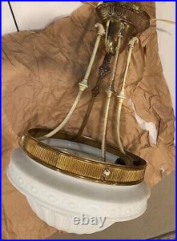 1856 Victorian Hanging Milk Glass Ornate Pendant Light Brass Copper Fixture