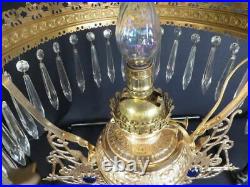 1880's Ansonia Brass Co Jeweled Decorated Kero Oil Hanging Prism Library Lamp