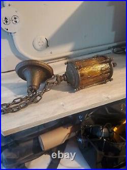 1920's Hallway Vestibule Hanging Swag Pendant Lantern Lamp Amber Glass Repowered