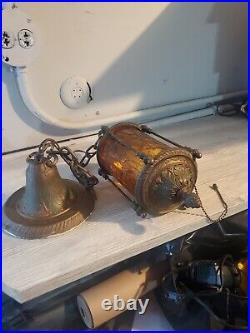 1920's Hallway Vestibule Hanging Swag Pendant Lantern Lamp Amber Glass Repowered