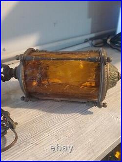 1920's Hallway Vestibule Hanging Swag Pendant Lantern Lamp Amber Glass Repowered