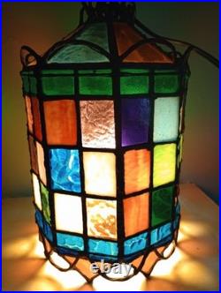 1920s Stained Colored Glass Hanging Lantern Light Denmark 9 1/2 By 6 1/2