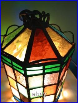 1920s Stained Colored Glass Hanging Lantern Light Denmark 9 1/2 By 6 1/2