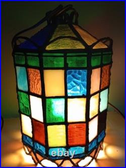 1920s Stained Colored Glass Hanging Lantern Light Denmark 9 1/2 By 6 1/2 1920s Stained Colored Glass Hanging Lantern Light Denmark 9 1/2 By 6 1/2