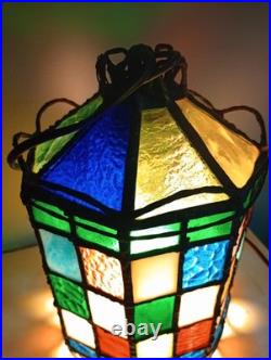 1920s Stained Colored Glass Hanging Lantern Light Denmark 9 1/2 By 6 1/2