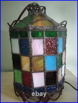 1920s Stained Colored Glass Hanging Lantern Light Denmark 9 1/2 By 6 1/2