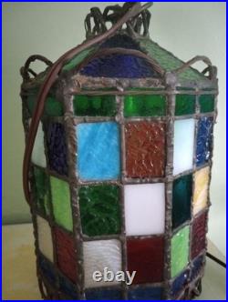 1920s Stained Colored Glass Hanging Lantern Light Denmark 9 1/2 By 6 1/2