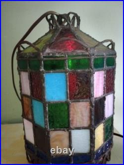 1920s Stained Colored Glass Hanging Lantern Light Denmark 9 1/2 By 6 1/2