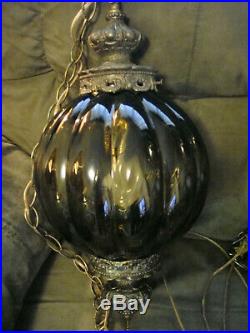 1960's Loevsky SMOKEY GLASS RIBBED GLOBE SWAG HANGING LAMP Vtg L & L WMC with plug