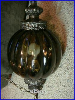 1960's Loevsky SMOKEY GLASS RIBBED GLOBE SWAG HANGING LAMP Vtg L & L WMC with plug
