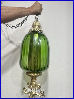 1960's Ribbed Green Glass Swag Lamp Green Glass and Ornate Metal Pendant Lamp