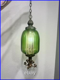 1960's Ribbed Green Glass Swag Lamp Green Glass and Ornate Metal Pendant Lamp