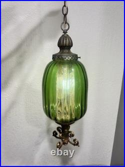 1960's Ribbed Green Glass Swag Lamp Green Glass and Ornate Metal Pendant Lamp