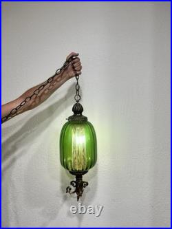 1960's Ribbed Green Glass Swag Lamp Green Glass and Ornate Metal Pendant Lamp
