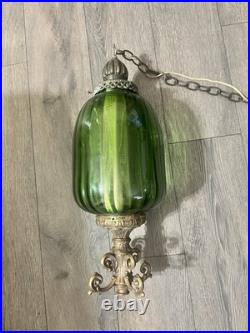 1960's Ribbed Green Glass Swag Lamp Green Glass and Ornate Metal Pendant Lamp