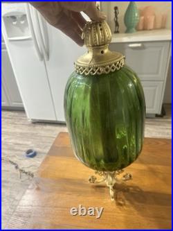 1960's Ribbed Green Glass Swag Lamp Green Glass and Ornate Metal Pendant Lamp