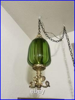 1960's Ribbed Green Glass Swag Lamp Green Glass and Ornate Metal Pendant Lamp