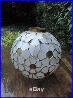 1960's Vintage Capiz Shell Brass Sphere Flower Shade Hanging Pendant Light Lamp