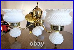1960s Hobnail Milk Glass Chandelier 3 Arm Hanging Fixture Ceiling Lamp Moe Light