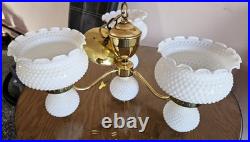 1960s Hobnail Milk Glass Chandelier 3 Arm Hanging Fixture Ceiling Lamp Moe Light