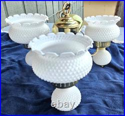 1960s Hobnail Milk Glass Chandelier 3 Arm Hanging Fixture Ceiling Lamp Moe Light