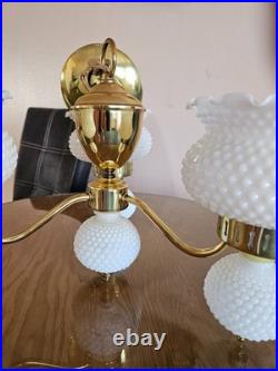 1960s Hobnail Milk Glass Chandelier 3 Arm Hanging Fixture Ceiling Lamp Moe Light