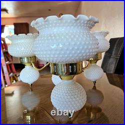1960s Hobnail Milk Glass Chandelier 3 Arm Hanging Fixture Ceiling Lamp Moe Light