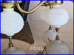 1960s Hobnail Milk Glass Chandelier 3 Arm Hanging Fixture Ceiling Lamp Moe Light