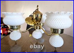 1960s Hobnail Milk Glass Chandelier 3 Arm Hanging Fixture Ceiling Lamp Moe Light