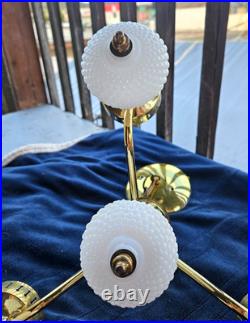 1960s Hobnail Milk Glass Chandelier 3 Arm Hanging Fixture Ceiling Lamp Moe Light