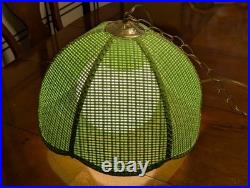 1960s MCM Retro Lime Green Rattan Wicker Hanging Swag Lamp Light MCM Boho
