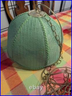 1960s MCM Retro Lime Green Rattan Wicker Hanging Swag Lamp Light MCM Boho