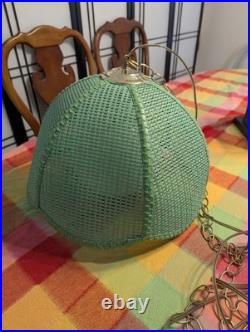 1960s MCM Retro Lime Green Rattan Wicker Hanging Swag Lamp Light MCM Boho