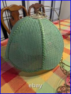 1960s MCM Retro Lime Green Rattan Wicker Hanging Swag Lamp Light MCM Boho