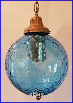 1960s Vintage Mid Century Blue Glass/Brass Swag Chandelier Gothic Hanging Lamp