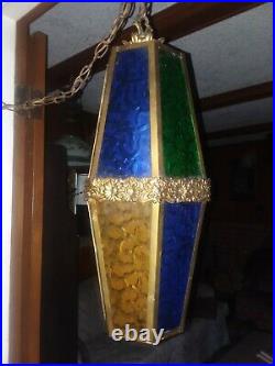 1970's VTG MID CENTURY RETRO SWANKY CEILING HANGING STAINED GLASS SWAG LAMP