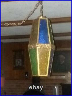 1970's VTG MID CENTURY RETRO SWANKY CEILING HANGING STAINED GLASS SWAG LAMP