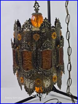 1970s Hollywood Regency / Middle Eastern Hanging Filigree Brass Lamp Chandelier