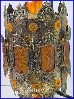 1970s Hollywood Regency / Middle Eastern Hanging Filigree Brass Lamp Chandelier