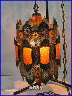 1970s Hollywood Regency / Middle Eastern Hanging Filigree Brass Lamp Chandelier