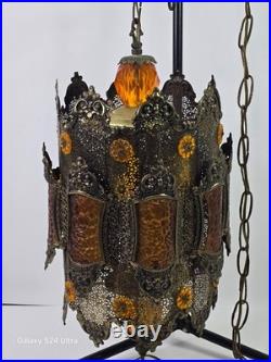 1970s Hollywood Regency / Middle Eastern Hanging Filigree Brass Lamp Chandelier