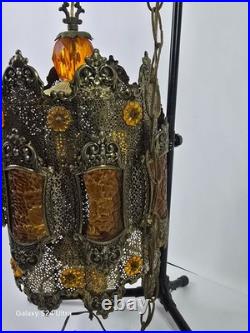 1970s Hollywood Regency / Middle Eastern Hanging Filigree Brass Lamp Chandelier