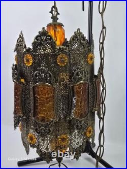 1970s Hollywood Regency / Middle Eastern Hanging Filigree Brass Lamp Chandelier