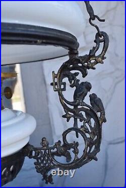 19th Century Milk Glass Ornate Cast Brass with Birds Parlor/Library Oil Lamp