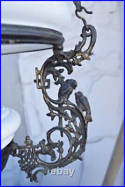 19th Century Milk Glass Ornate Cast Brass with Birds Parlor/Library Oil Lamp