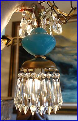 1 SWAG plugin Vintage Aqua Blue glass Brass tole hanging lamp Brass chandelier